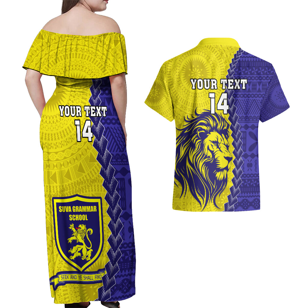 Custom Fiji School Couples Matching Off Shoulder Maxi Dress and Hawaiian Shirt Suva Grammar Lions With Fijian Tapa LT14 - Polynesian Pride