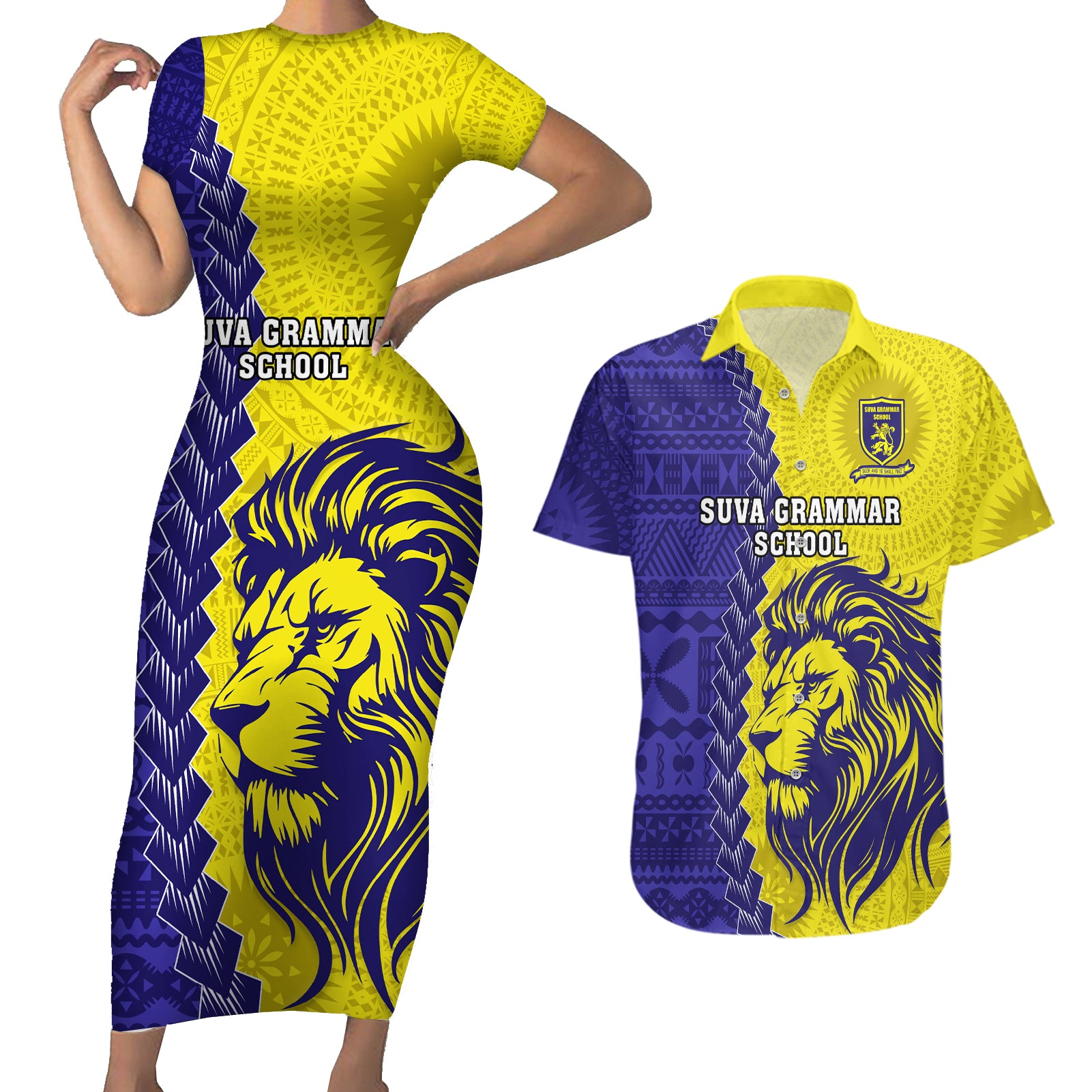 Custom Fiji School Couples Matching Short Sleeve Bodycon Dress and Hawaiian Shirt Suva Grammar Lions With Fijian Tapa LT14 Gold - Polynesian Pride