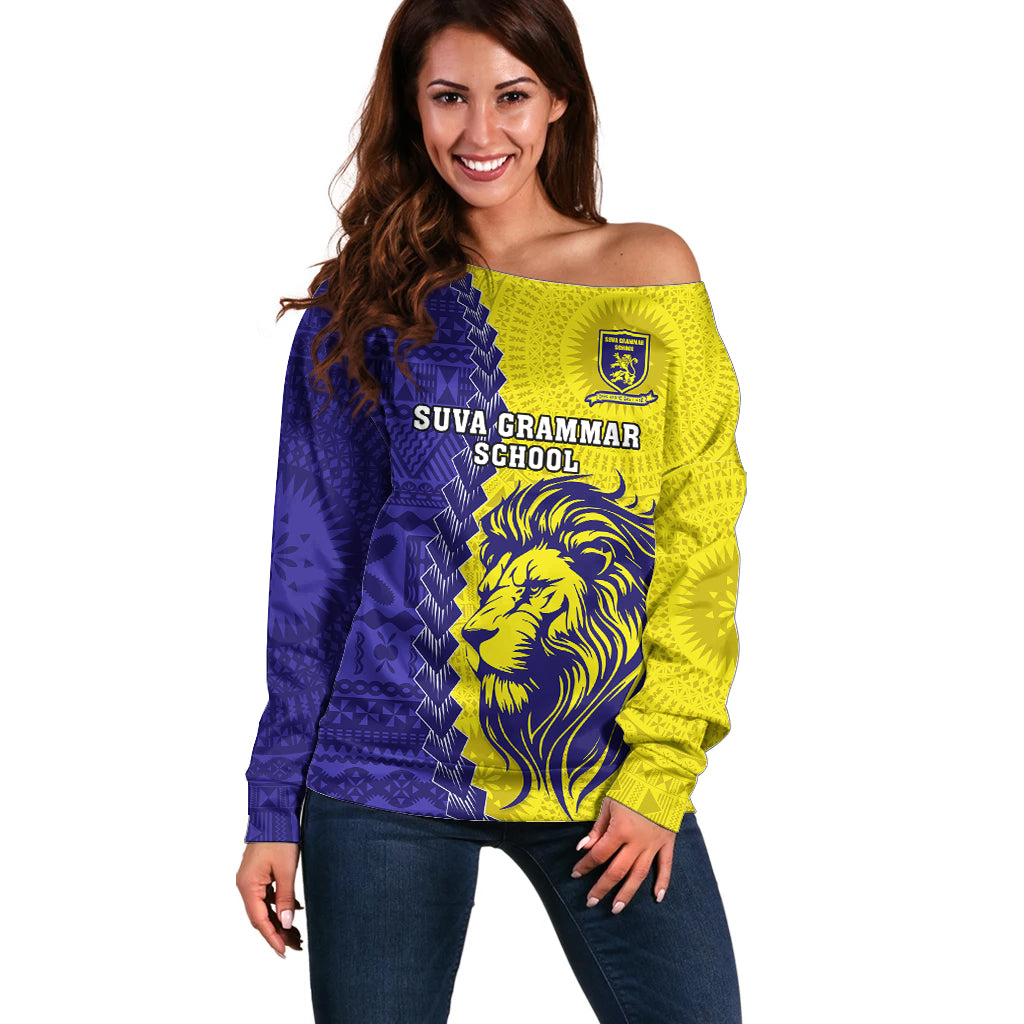 Custom Fiji School Off Shoulder Sweater Suva Grammar Lions With Fijian Tapa LT14 Women Gold - Polynesian Pride