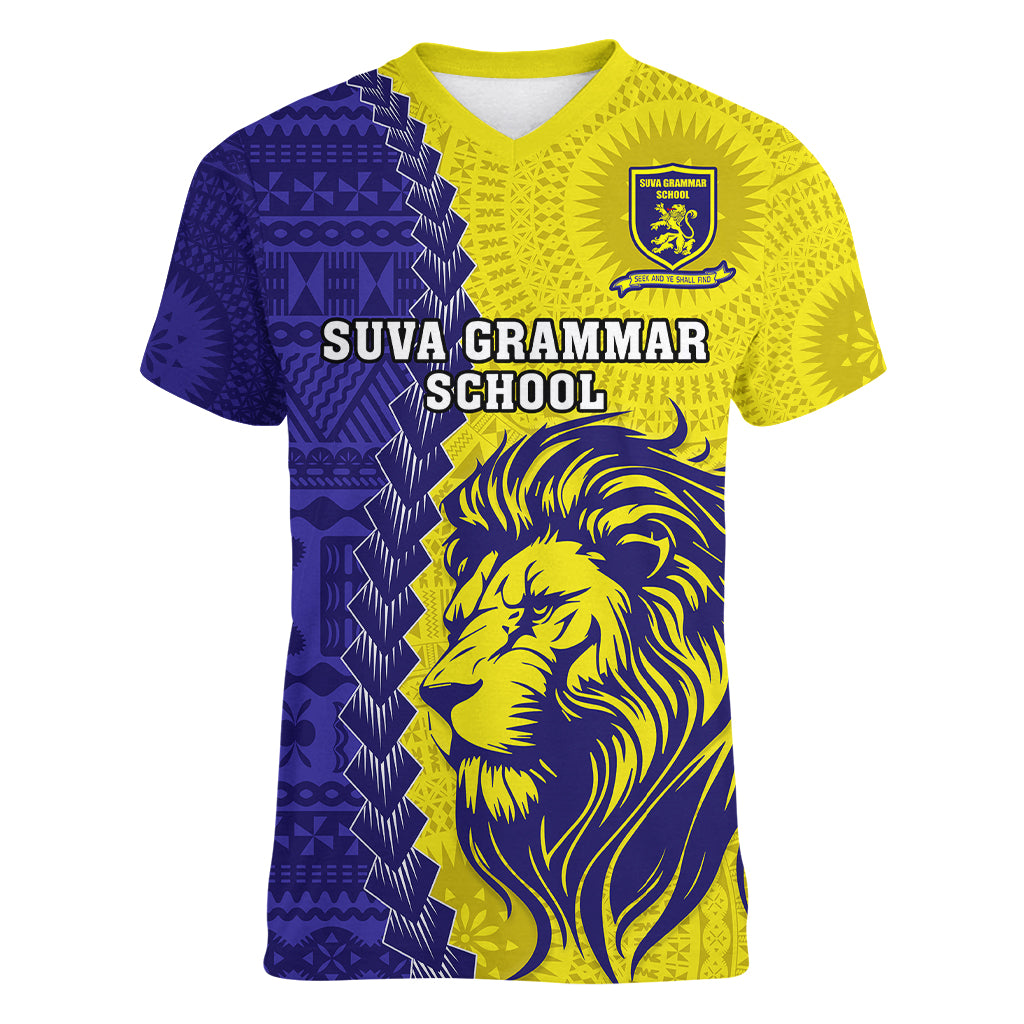 Custom Fiji School Women V Neck T Shirt Suva Grammar Lions With Fijian Tapa LT14 Female Gold - Polynesian Pride
