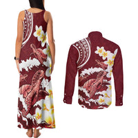 Blood Gold Polynesia Couples Matching Tank Maxi Dress and Long Sleeve Button Shirt Polynesian Frangipani With Sea Turtles