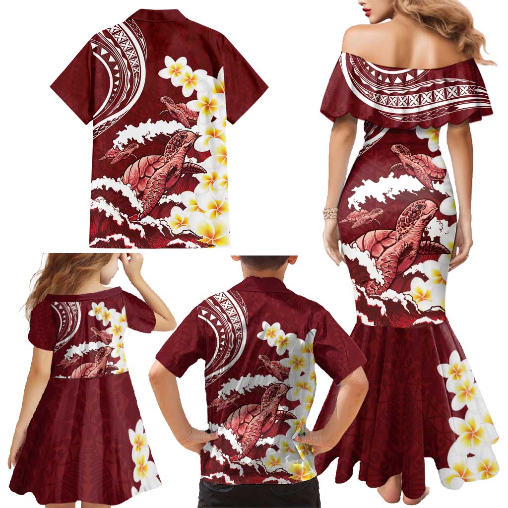 Blood Gold Polynesia Family Matching Mermaid Dress and Hawaiian Shirt Polynesian Frangipani With Sea Turtles
