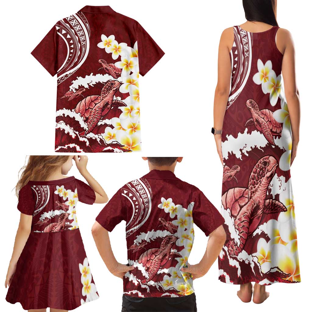 Blood Gold Polynesia Family Matching Tank Maxi Dress and Hawaiian Shirt Polynesian Frangipani With Sea Turtles