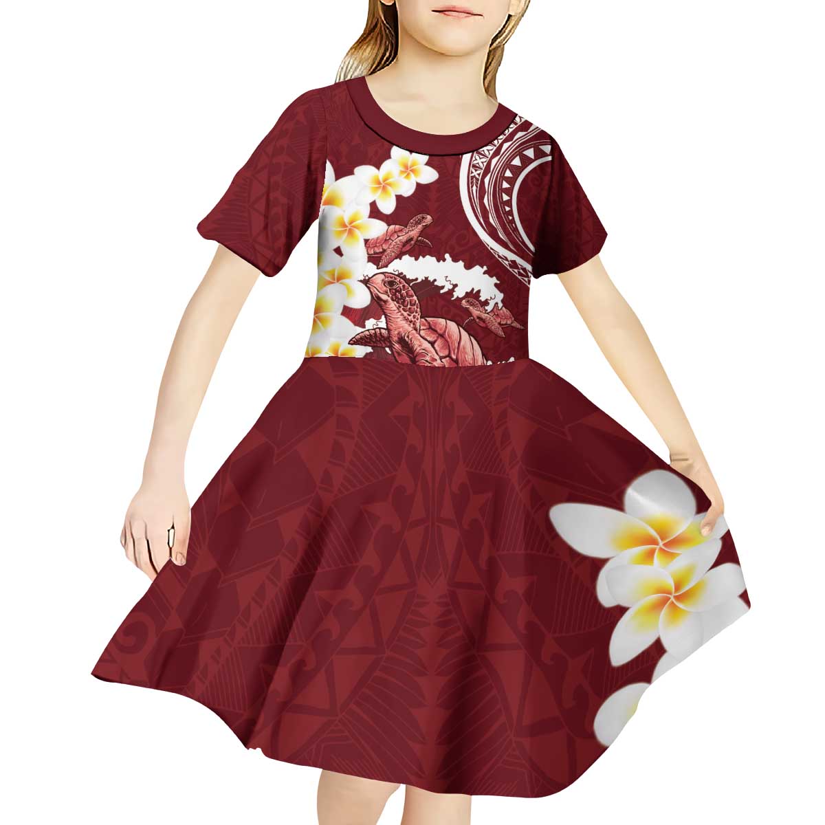 Blood Gold Polynesia Kid Short Sleeve Dress Polynesian Frangipani With Sea Turtles