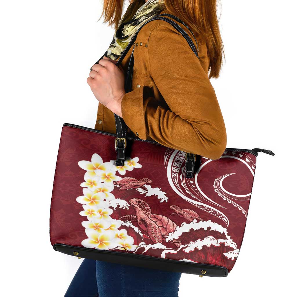 Blood Gold Polynesia Leather Tote Bag Polynesian Frangipani With Sea Turtles