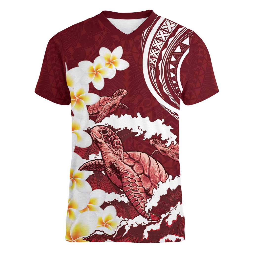 Blood Gold Polynesia Women V-Neck T-Shirt Polynesian Frangipani With Sea Turtles