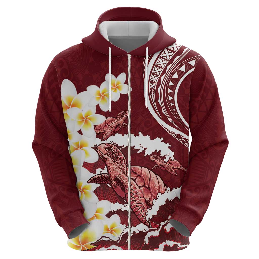 Blood Gold Polynesia Zip Hoodie Polynesian Frangipani With Sea Turtles