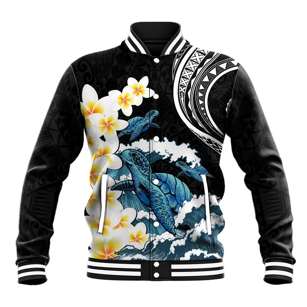 Black Polynesia Baseball Jacket Polynesian Frangipani With Sea Turtles