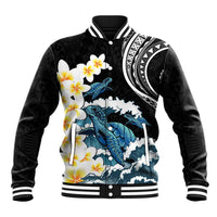 Black Polynesia Baseball Jacket Polynesian Frangipani With Sea Turtles