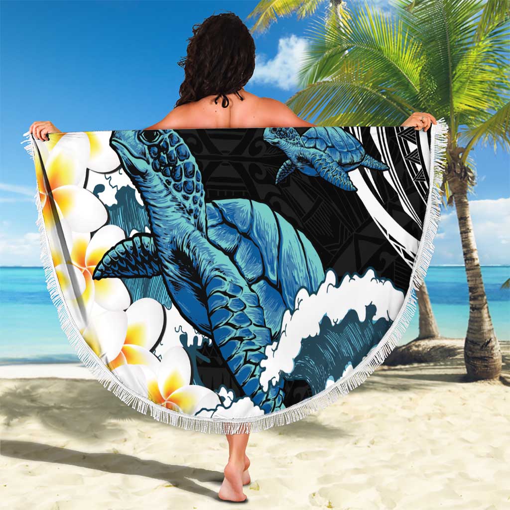 Black Polynesia Beach Blanket Polynesian Frangipani With Sea Turtles