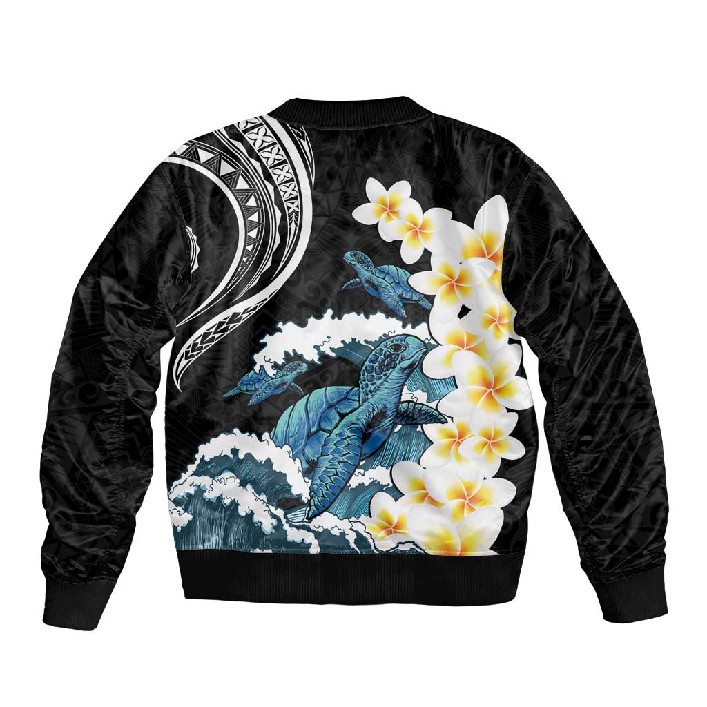 Black Polynesia Bomber Jacket Polynesian Frangipani With Sea Turtles