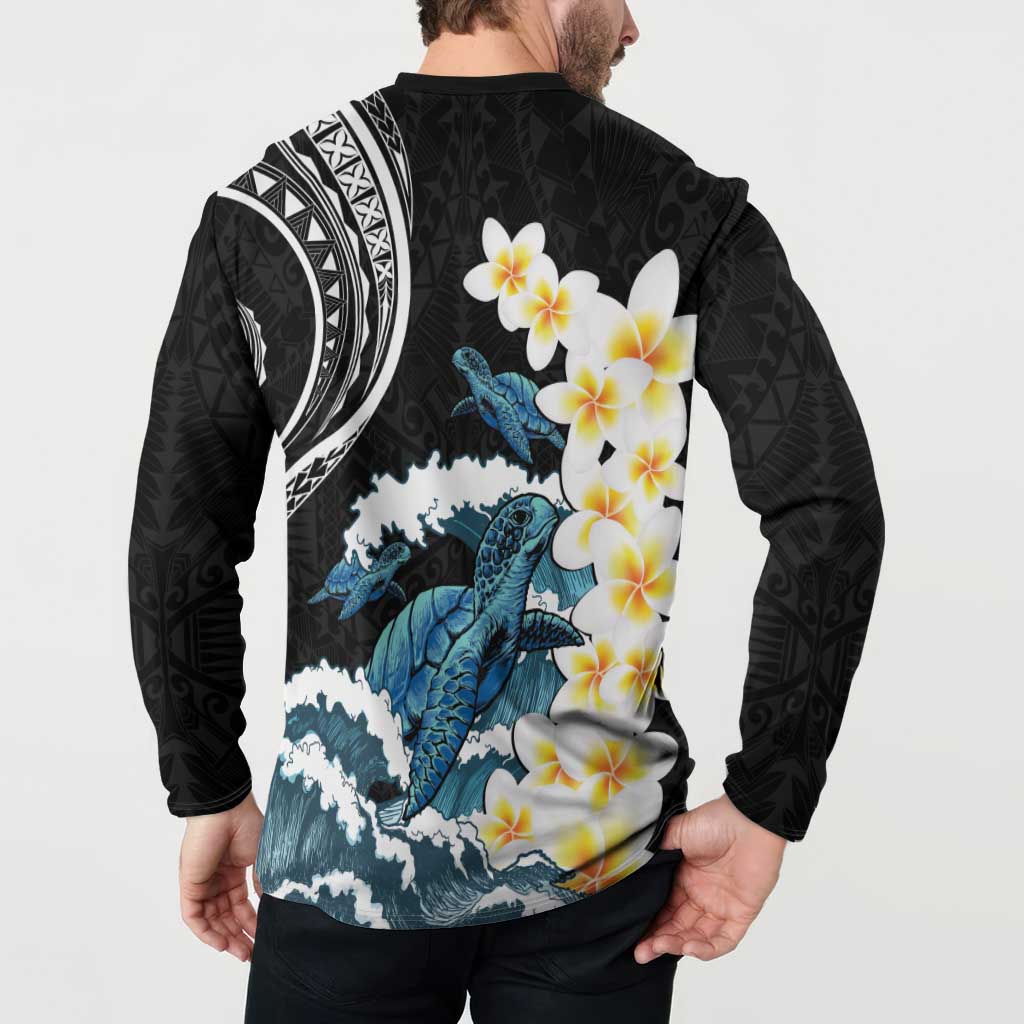 Black Polynesia Button Sweatshirt Polynesian Frangipani With Sea Turtles