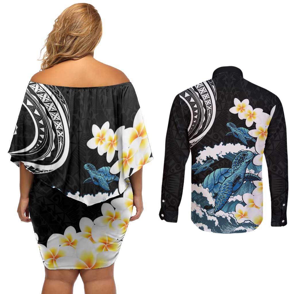 Black Polynesia Couples Matching Off Shoulder Short Dress and Long Sleeve Button Shirt Polynesian Frangipani With Sea Turtles