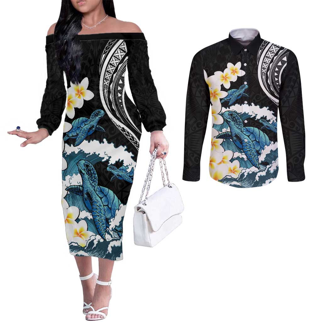 Black Polynesia Couples Matching Off The Shoulder Long Sleeve Dress and Long Sleeve Button Shirt Polynesian Frangipani With Sea Turtles