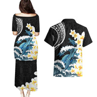 Black Polynesia Couples Matching Puletasi and Hawaiian Shirt Polynesian Frangipani With Sea Turtles