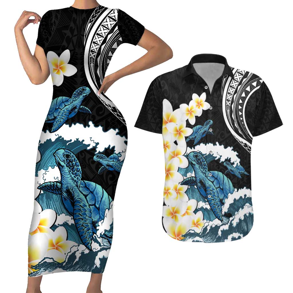 Black Polynesia Couples Matching Short Sleeve Bodycon Dress and Hawaiian Shirt Polynesian Frangipani With Sea Turtles