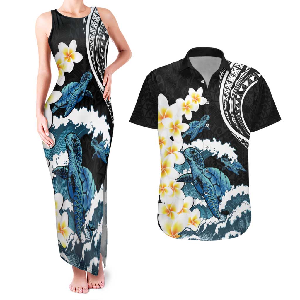 Black Polynesia Couples Matching Tank Maxi Dress and Hawaiian Shirt Polynesian Frangipani With Sea Turtles