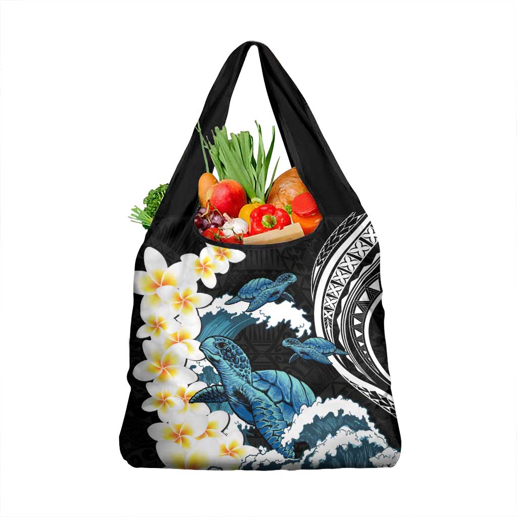 Black Polynesia Grocery Bag Polynesian Frangipani With Sea Turtles