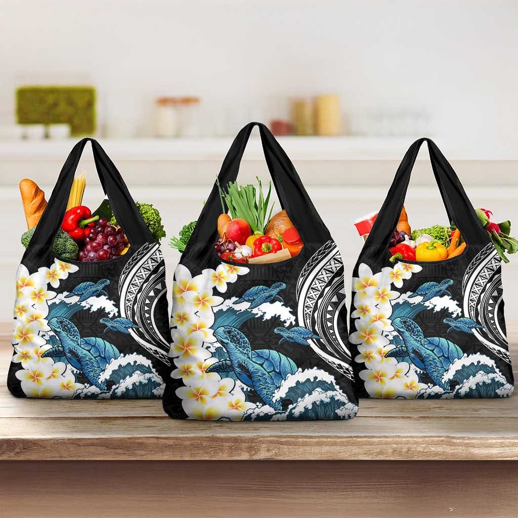 Black Polynesia Grocery Bag Polynesian Frangipani With Sea Turtles
