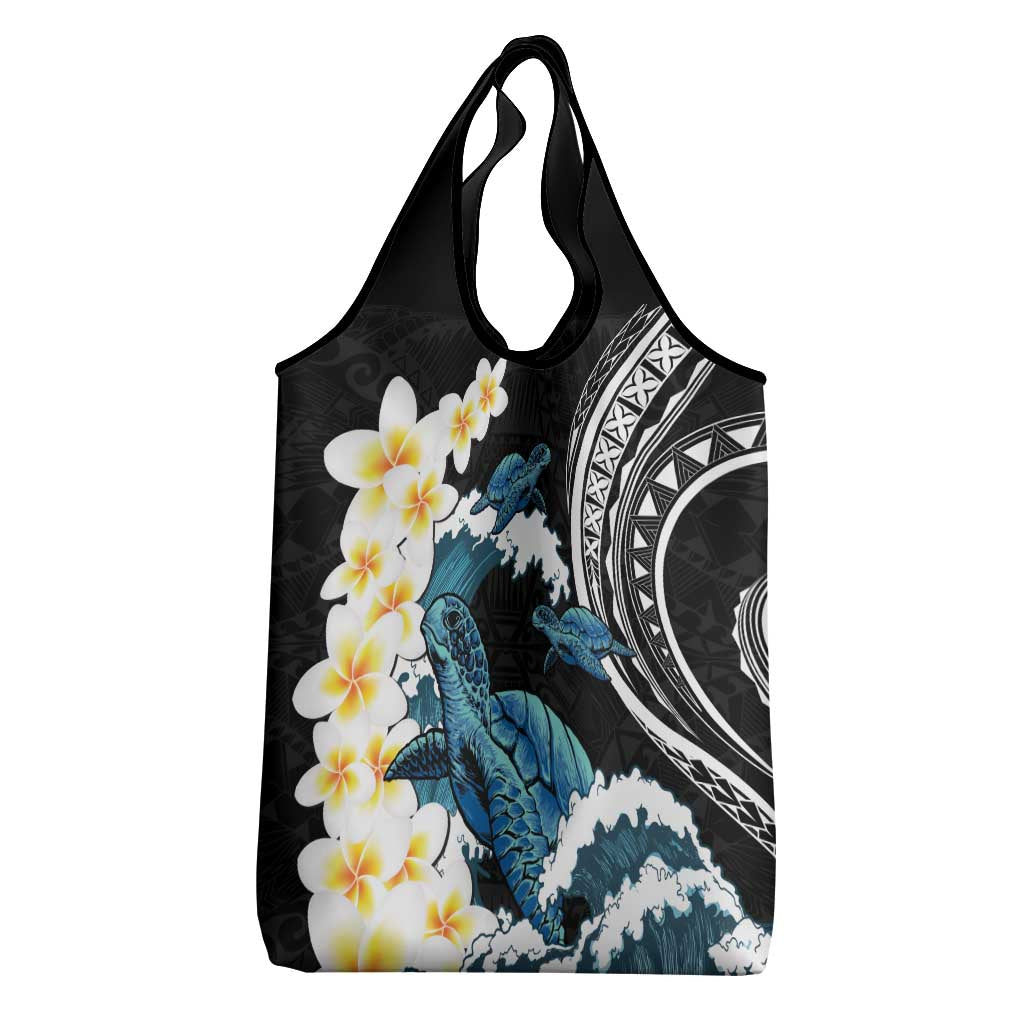 Black Polynesia Grocery Bag Polynesian Frangipani With Sea Turtles