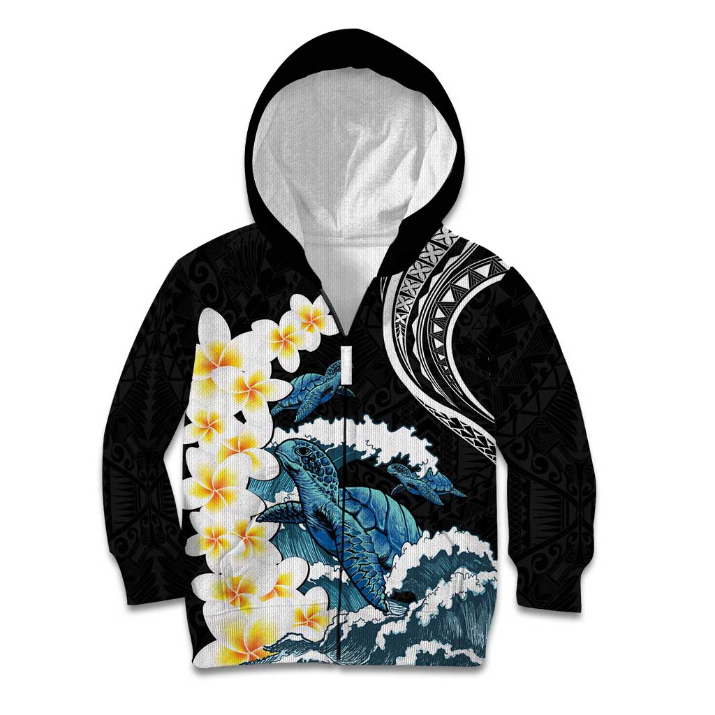 Black Polynesia Kid Hoodie Polynesian Frangipani With Sea Turtles