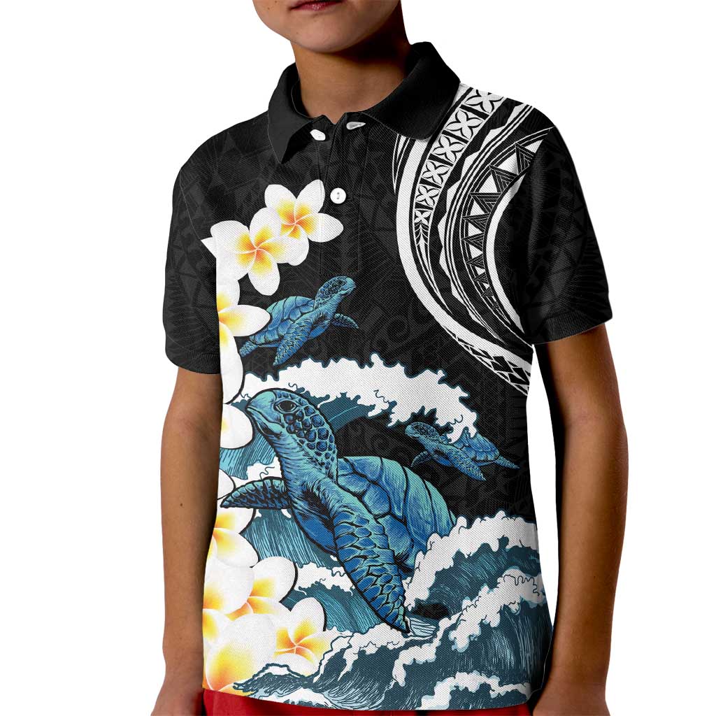 Black Polynesia Kid Polo Shirt Polynesian Frangipani With Sea Turtles