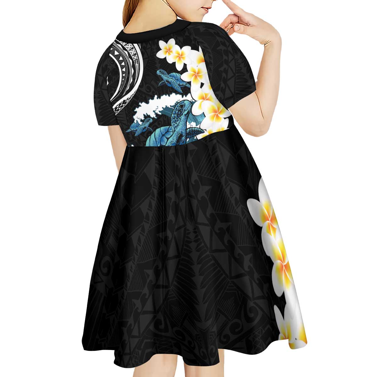 Black Polynesia Kid Short Sleeve Dress Polynesian Frangipani With Sea Turtles