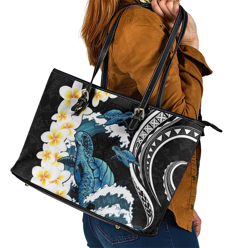 Black Polynesia Leather Tote Bag Polynesian Frangipani With Sea Turtles