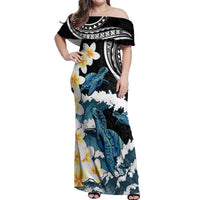 Black Polynesia Off Shoulder Maxi Dress Polynesian Frangipani With Sea Turtles