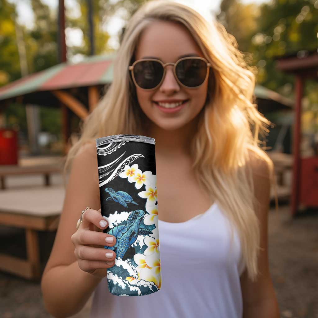Black Polynesia Skinny Tumbler Polynesian Frangipani With Sea Turtles
