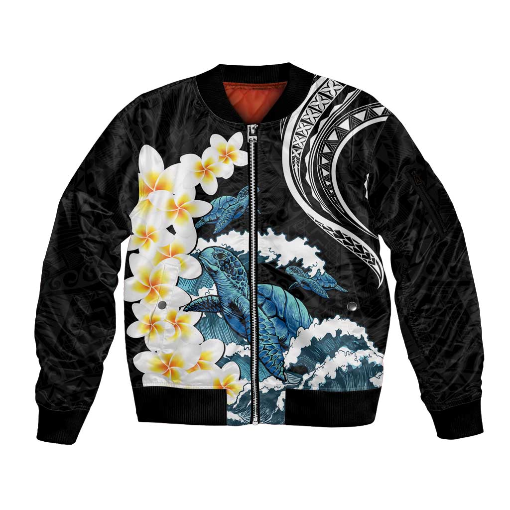 Black Polynesia Sleeve Zip Bomber Jacket Polynesian Frangipani With Sea Turtles
