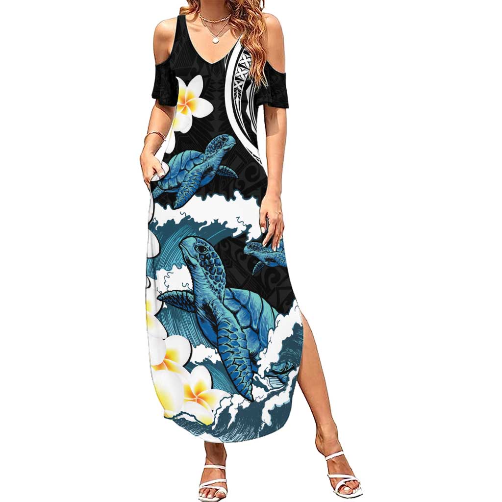 Black Polynesia Summer Maxi Dress Polynesian Frangipani With Sea Turtles