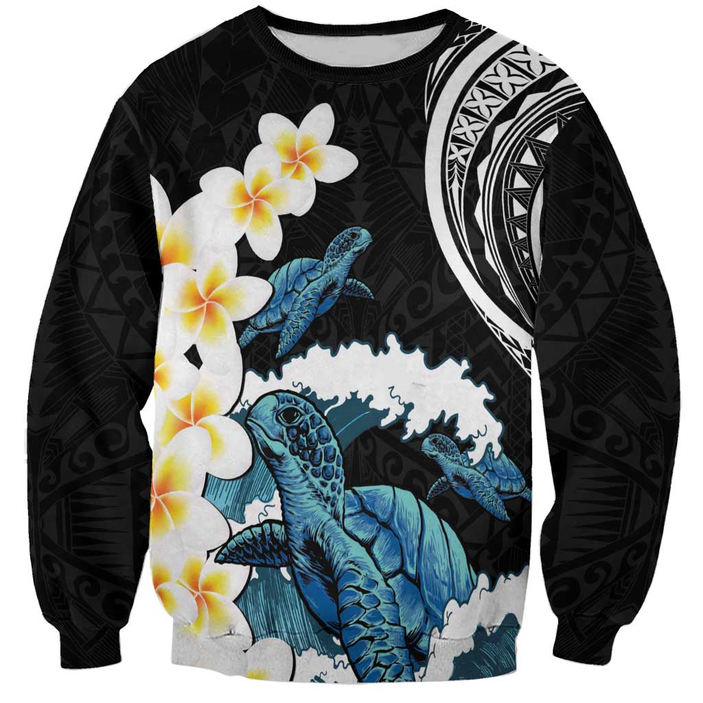 Black Polynesia Sweatshirt Polynesian Frangipani With Sea Turtles