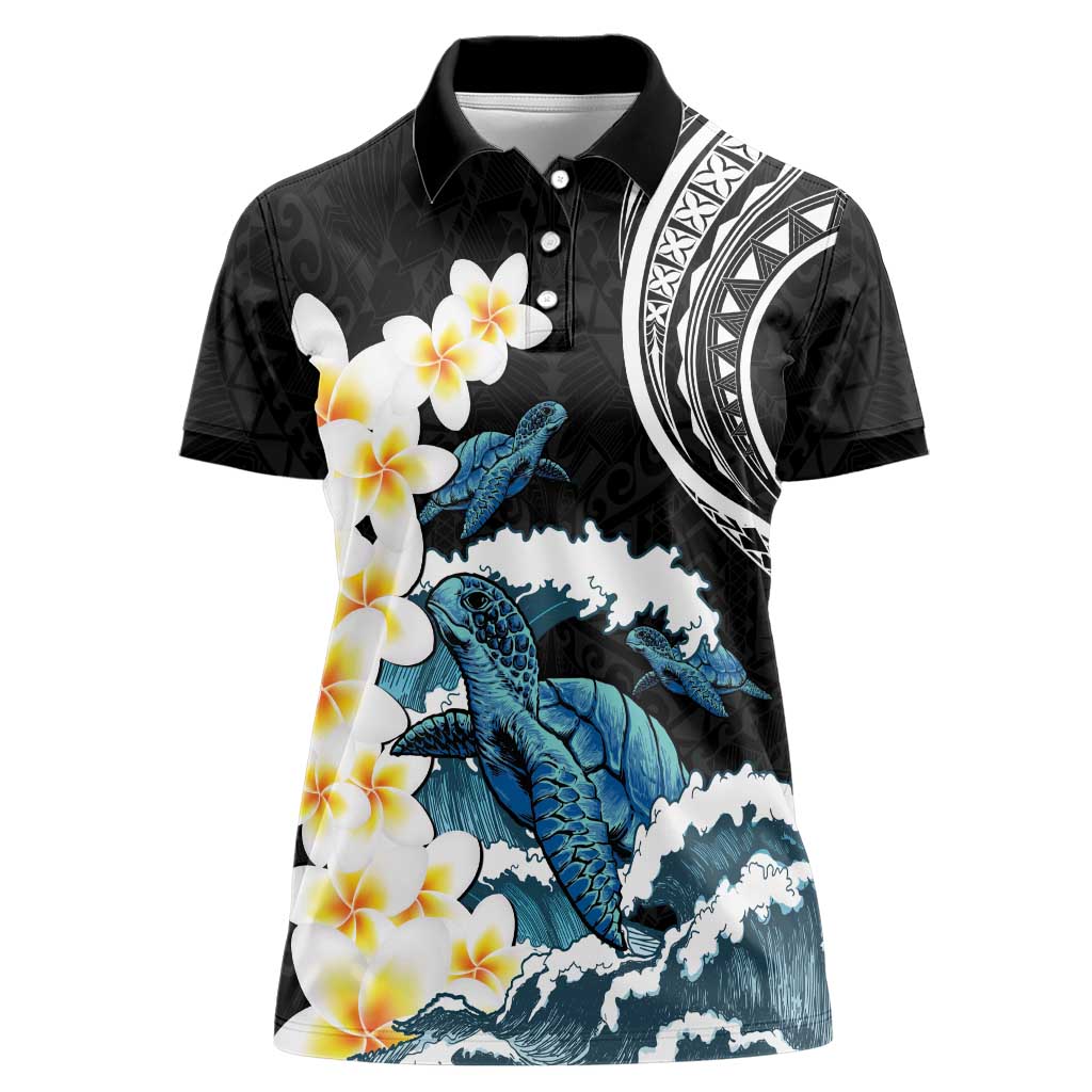 Black Polynesia Women Polo Shirt Polynesian Frangipani With Sea Turtles