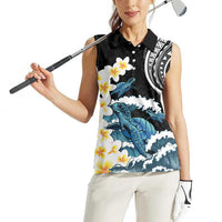 Black Polynesia Women Sleeveless Polo Shirt Polynesian Frangipani With Sea Turtles