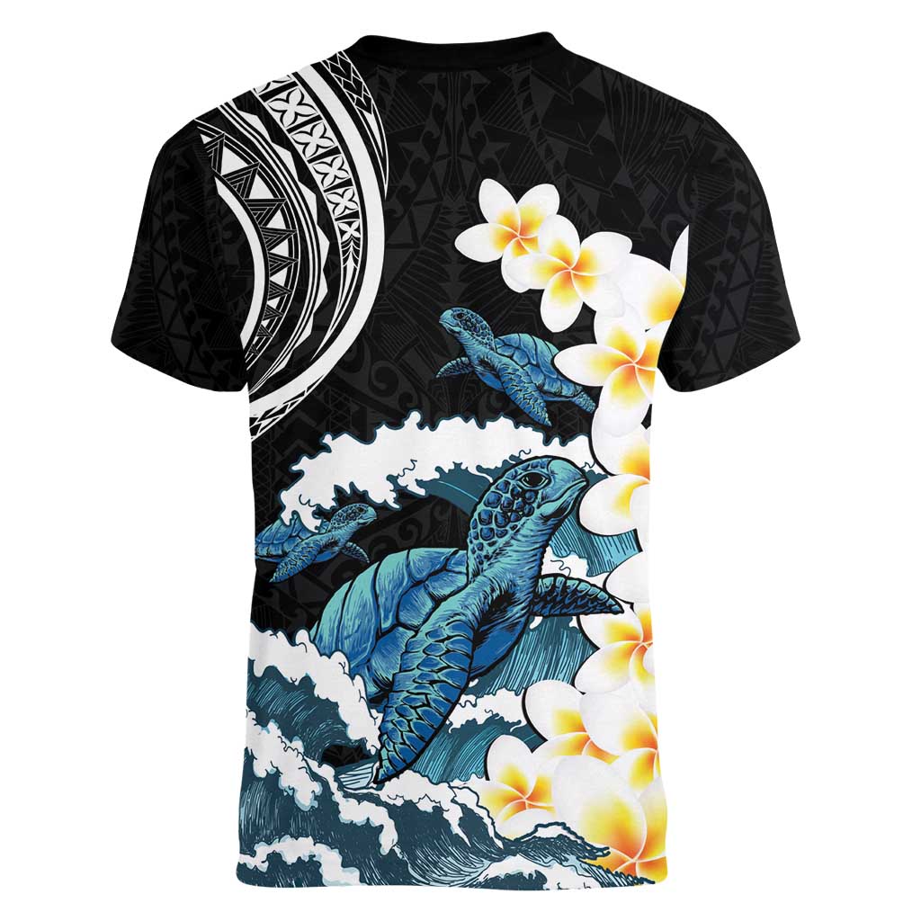 Black Polynesia Women V-Neck T-Shirt Polynesian Frangipani With Sea Turtles