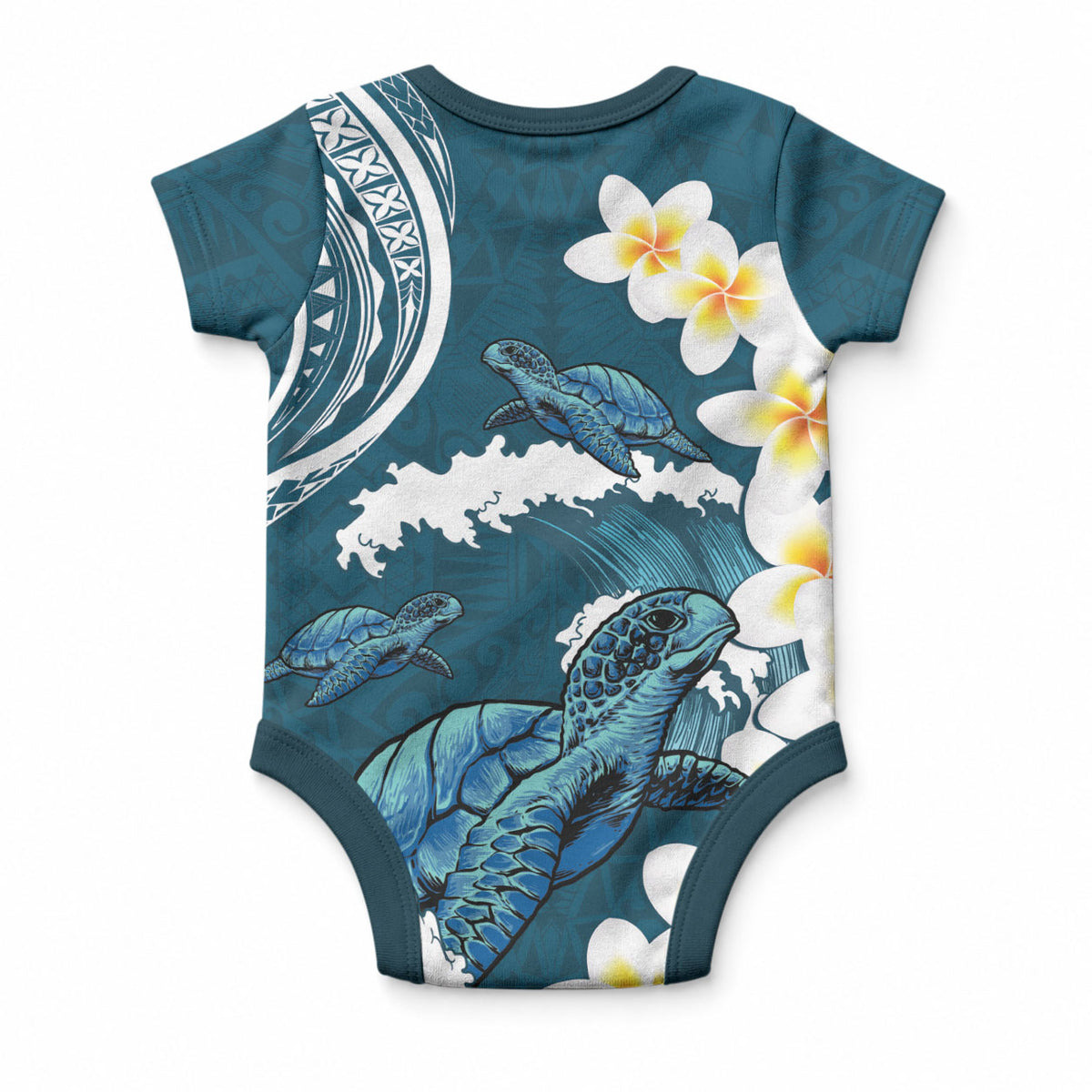 Dark Teal Polynesia Baby Onesie Polynesian Frangipani With Sea Turtles LT14 - Polynesian Pride