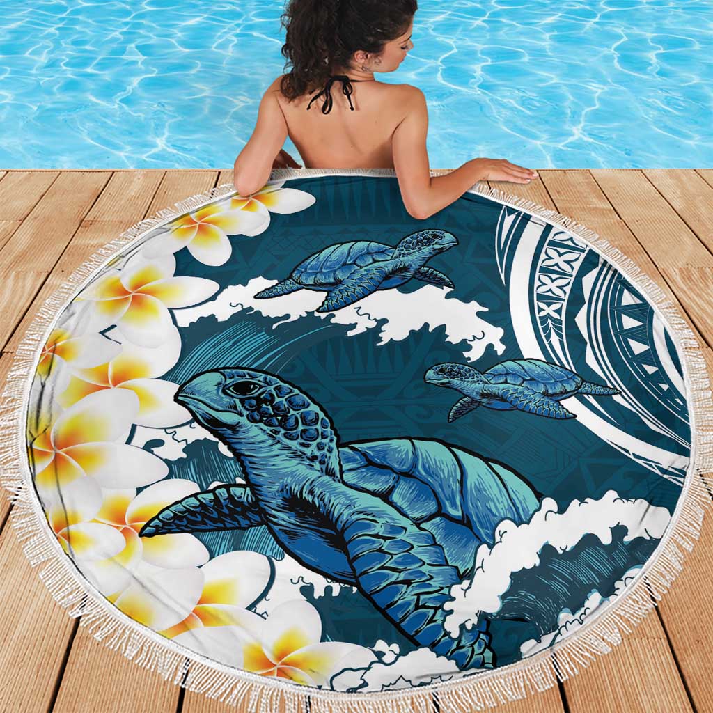 Dark Teal Polynesia Beach Blanket Polynesian Frangipani With Sea Turtles