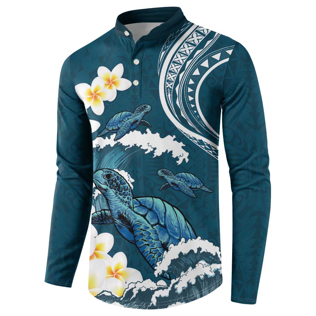 Dark Teal Polynesia Button Sweatshirt Polynesian Frangipani With Sea Turtles