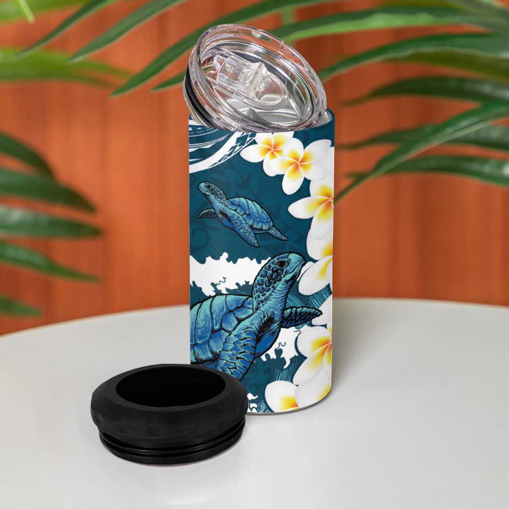 Dark Teal Polynesia 4 in 1 Can Cooler Tumbler Polynesian Frangipani With Sea Turtles