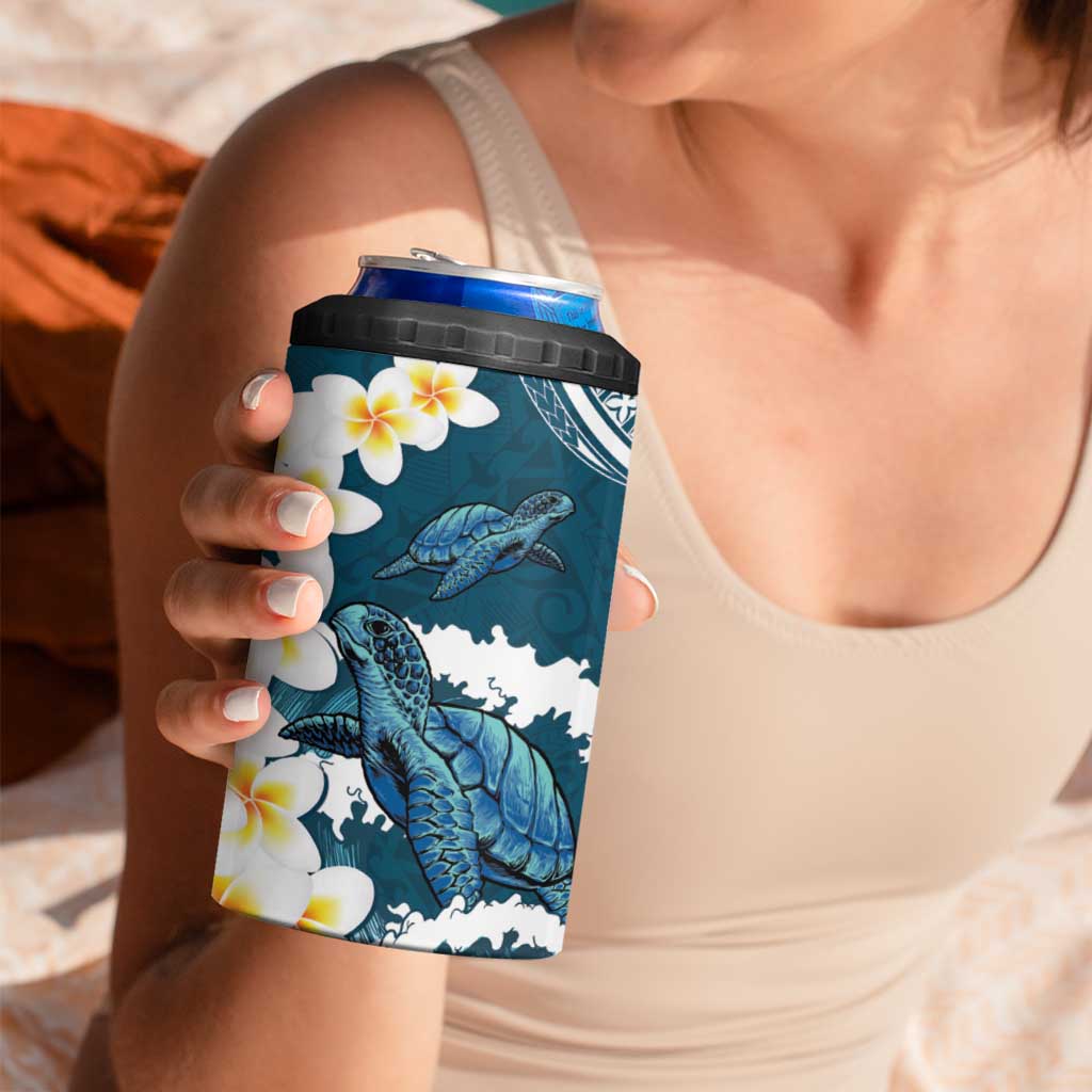 Dark Teal Polynesia 4 in 1 Can Cooler Tumbler Polynesian Frangipani With Sea Turtles