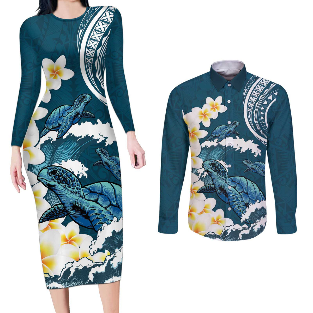 Dark Teal Polynesia Couples Matching Long Sleeve Bodycon Dress and Long Sleeve Button Shirt Polynesian Frangipani With Sea Turtles