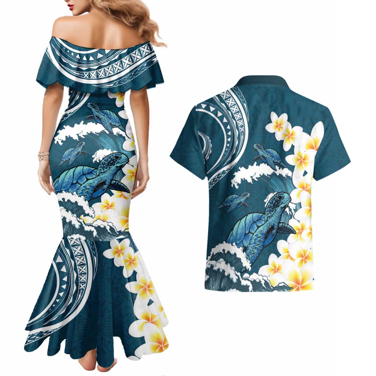 Dark Teal Polynesia Couples Matching Mermaid Dress and Hawaiian Shirt Polynesian Frangipani With Sea Turtles