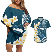 Dark Teal Polynesia Couples Matching Off Shoulder Short Dress and Hawaiian Shirt Polynesian Frangipani With Sea Turtles