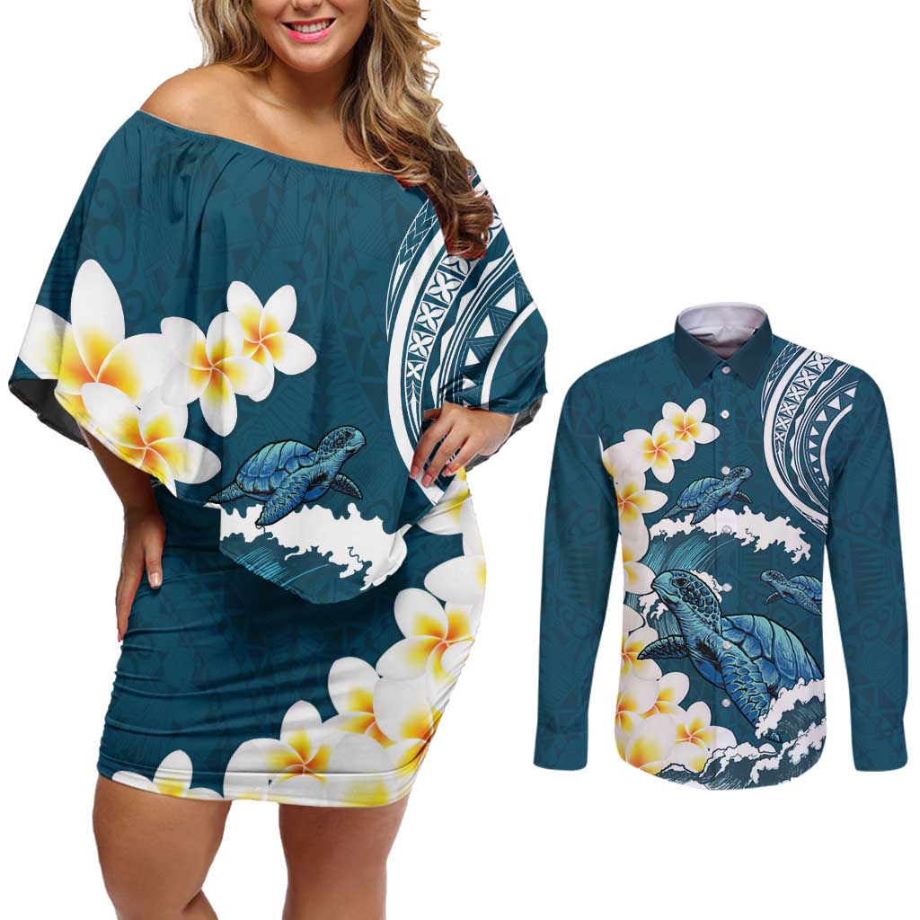 Dark Teal Polynesia Couples Matching Off Shoulder Short Dress and Long Sleeve Button Shirt Polynesian Frangipani With Sea Turtles