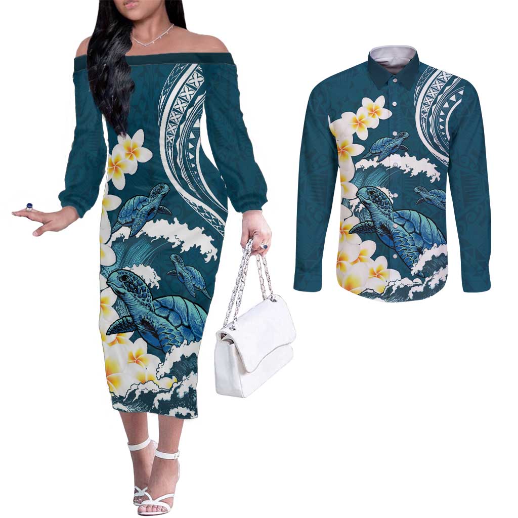 Dark Teal Polynesia Couples Matching Off The Shoulder Long Sleeve Dress and Long Sleeve Button Shirt Polynesian Frangipani With Sea Turtles