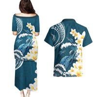 Dark Teal Polynesia Couples Matching Puletasi and Hawaiian Shirt Polynesian Frangipani With Sea Turtles