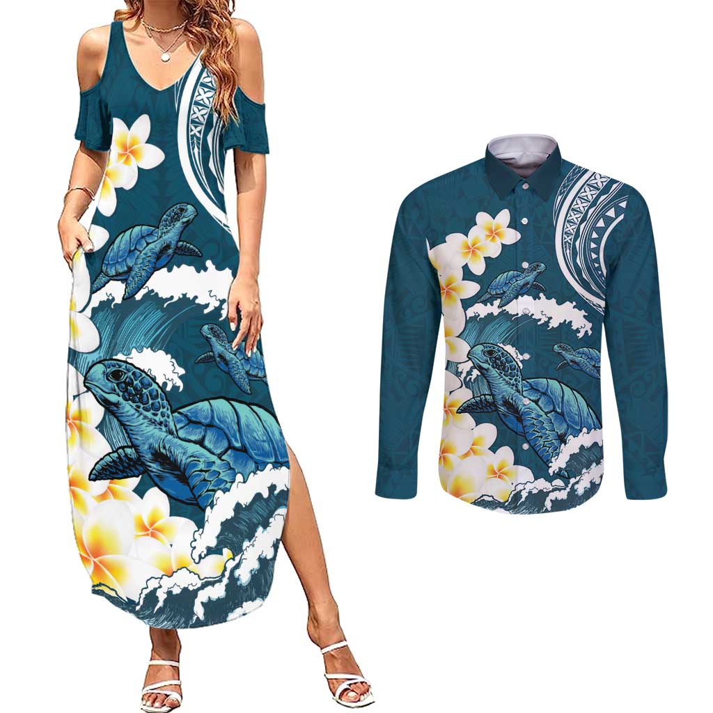 Dark Teal Polynesia Couples Matching Summer Maxi Dress and Long Sleeve Button Shirt Polynesian Frangipani With Sea Turtles