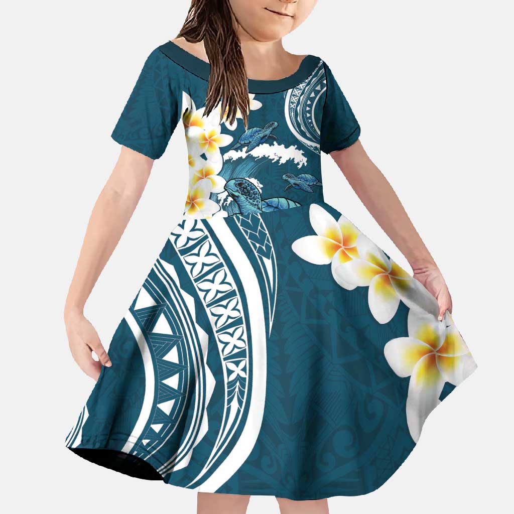 Dark Teal Polynesia Family Matching Long Sleeve Bodycon Dress and Hawaiian Shirt Polynesian Frangipani With Sea Turtles