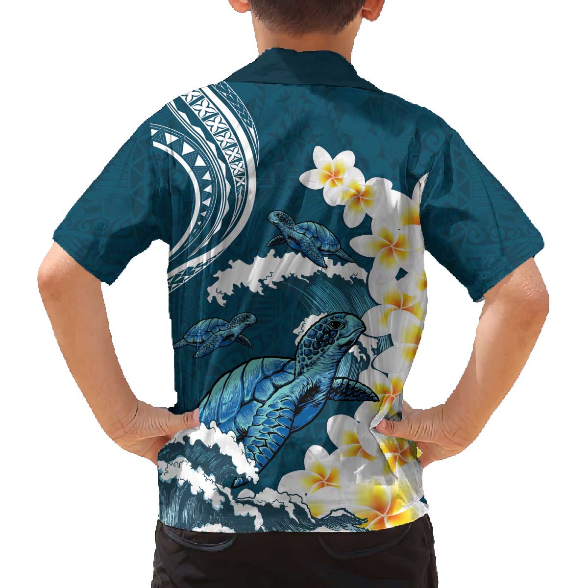 Dark Teal Polynesia Family Matching Off Shoulder Short Dress and Hawaiian Shirt Polynesian Frangipani With Sea Turtles
